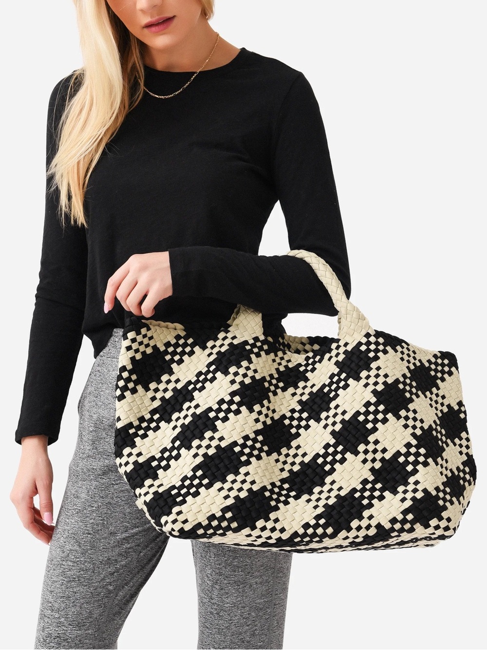 NAGHEDI St. Barths Large Tote Black Ivory Woven Neoprene Checkered Bag